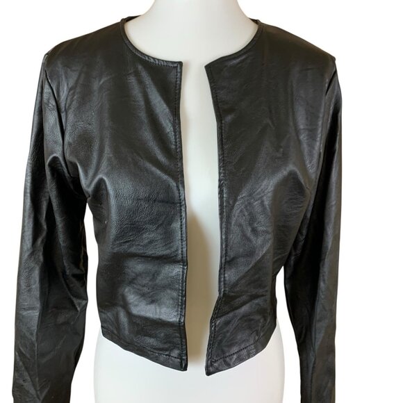 Krisp London Black Faux Leather Cropped Jacket Made In Italy Minimalist Chic M - Picture 2 of 5